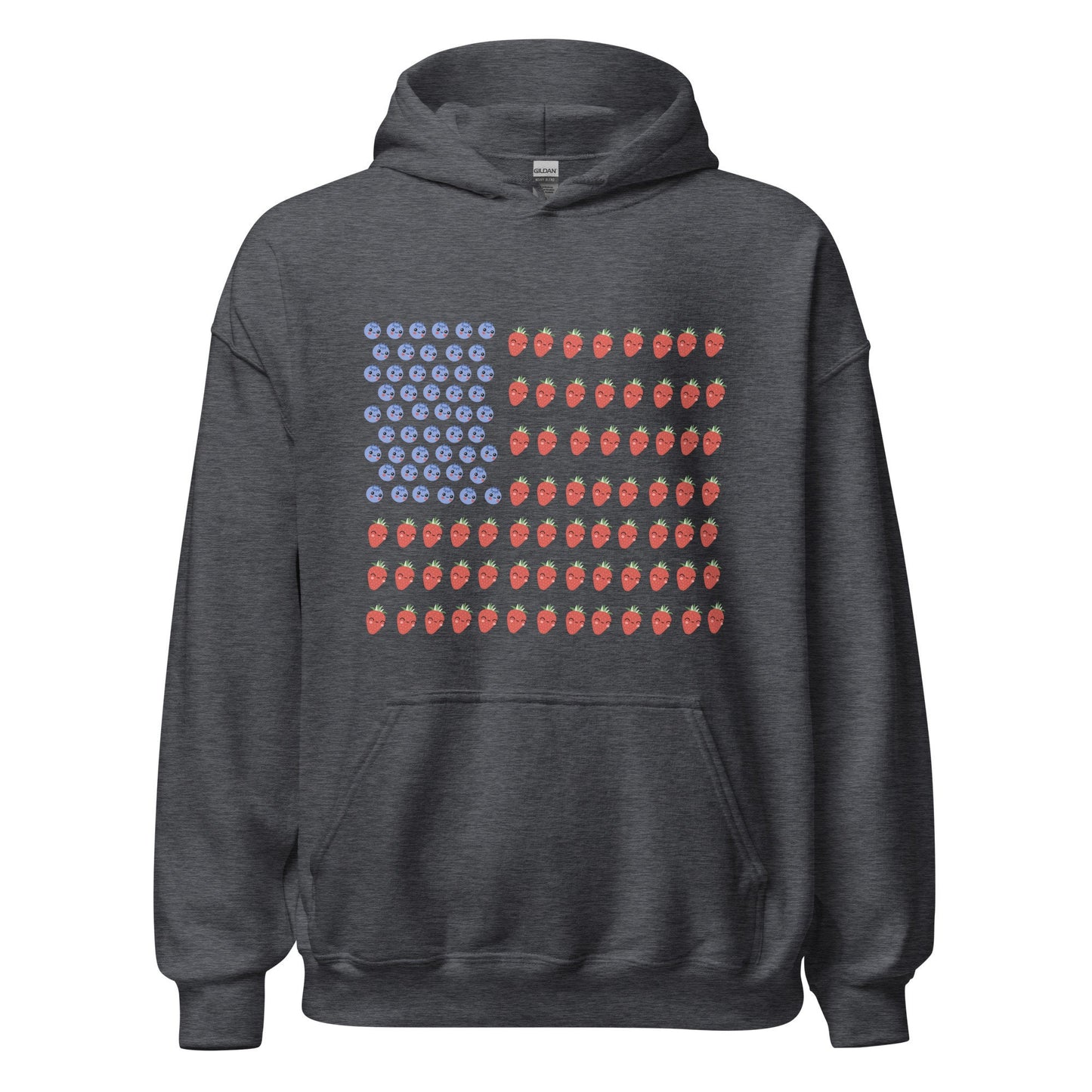 4 Colors Available, Strawberry And Blueberry With Faces American Flag Hoodie, Unisex