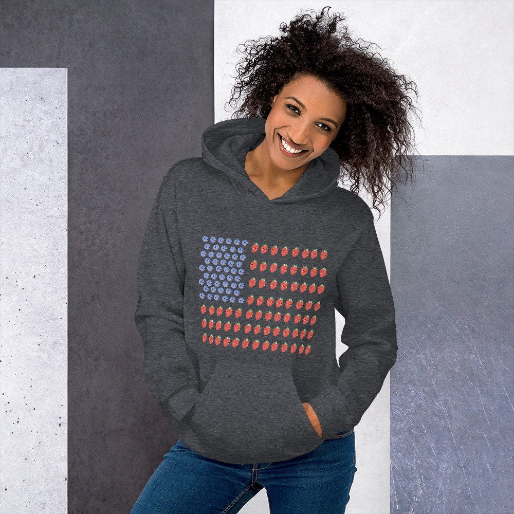 4 Colors Available, Strawberry And Blueberry With Faces American Flag Hoodie, Unisex