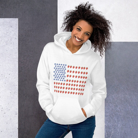 4 Colors Available, Strawberry And Blueberry With Faces American Flag Hoodie, Unisex