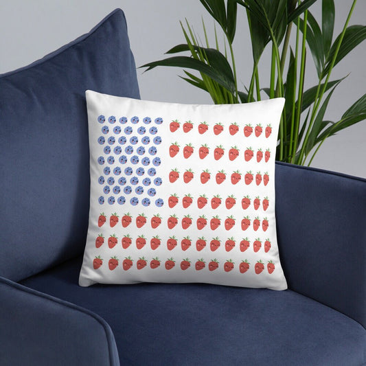 Strawberry And Blueberry With Faces American Flag "18 x "18 Pillow