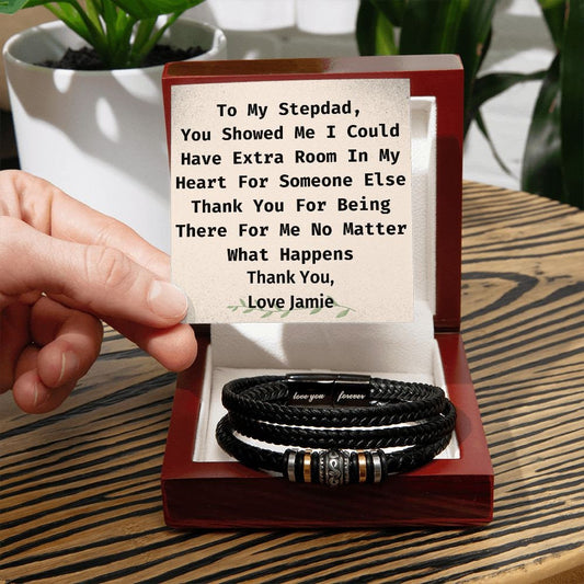 Stepdad Personalized Appreciation Card, Vegan Leather Braided Bracelet From Stepdaughter Or Stepson, Engraved With "Love You Forever"