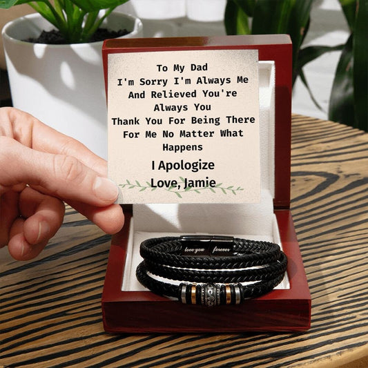 Personalized Apology Card For Dad,  Vegan Leather Braided Bracelet From Daughter Or Son, Engraved With Secret "Love You Forever"