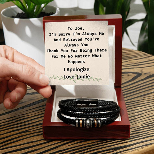 Personalized Apology Card For Him, Vegan Leather Braided Bracelet From Daughter Or Son, Engraved With Secret "Love You Forever"