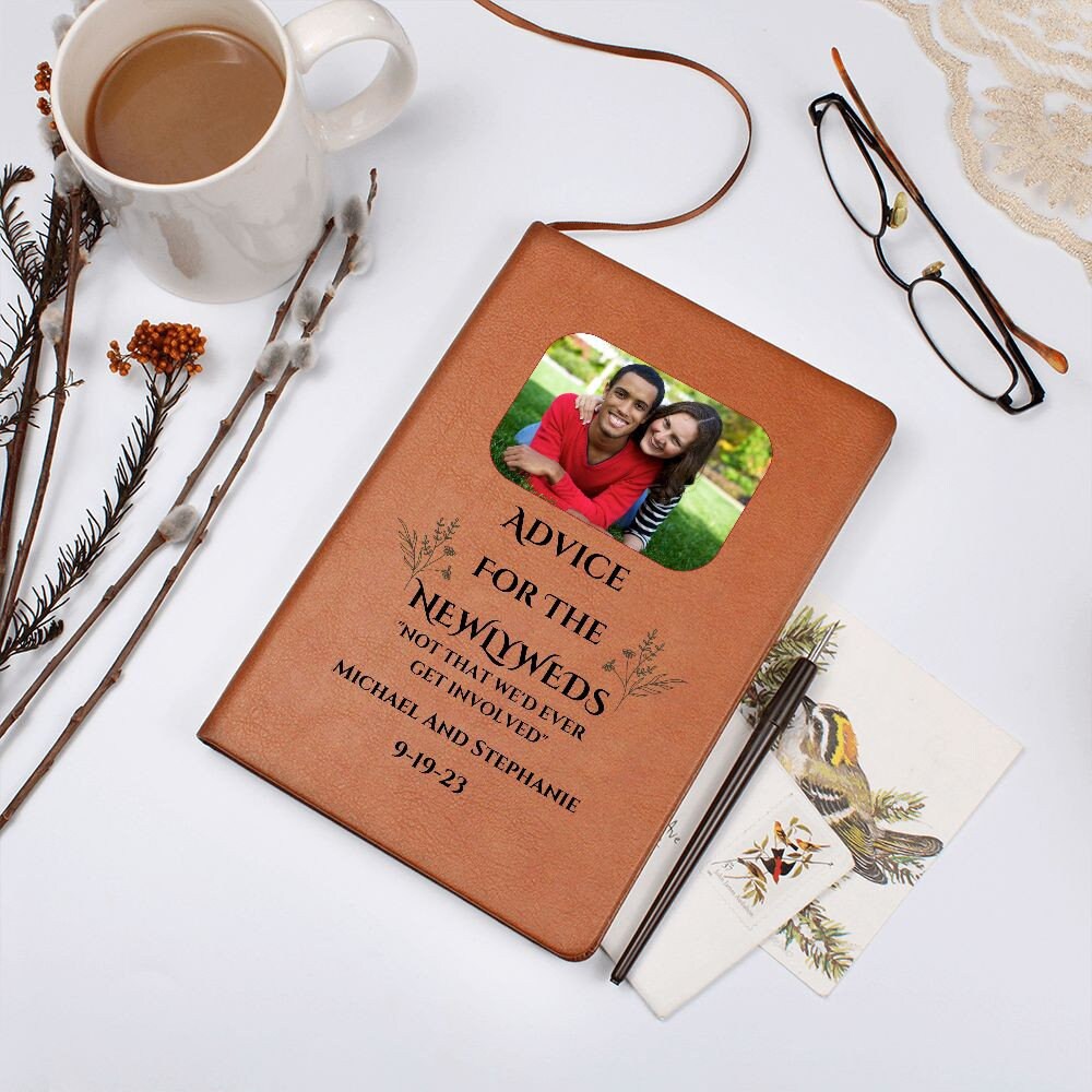 Wedding Guest Book Alternative, Advice For The Newlyweds Journal, Personalized WIth Photo, Names, And Wedding Date, Vegan Leather