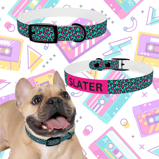 90's Vibes Personalized Dog Collar, Hypoallergenic, Waterproof, 4 Types Of Hardware Finishes Available, Sizes XS-XL