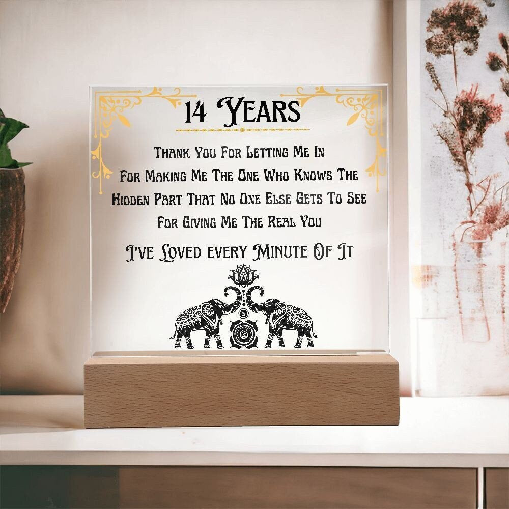 Acrylic Fourteenth Anniversary Plaque, Gifts For 14th Anniversary Husband or Wife, Elephants or Gold or Ivory or Opal, LED Upgrade