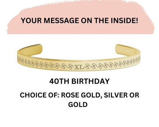 Personalized 40 Infinity Clover Hearts With Roman Numeral 40 For 40th Birthday Cuff Bracelet, Available In Gold, Rose Gold Or Silver