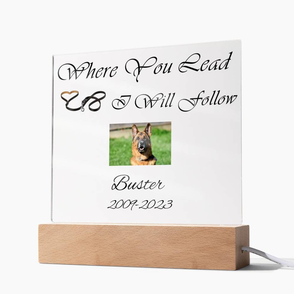 Dog Memorial Plaque, Customized With Photo And Date, Black Leash, LED Upgrade Available