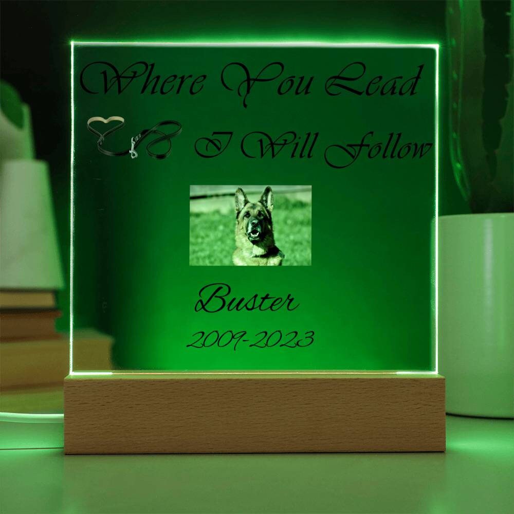 Dog Memorial Plaque, Customized With Photo And Date, Black Leash, LED Upgrade Available