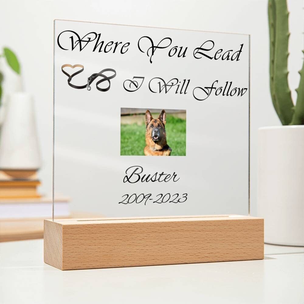 Dog Memorial Plaque, Customized With Photo And Date, Black Leash, LED Upgrade Available