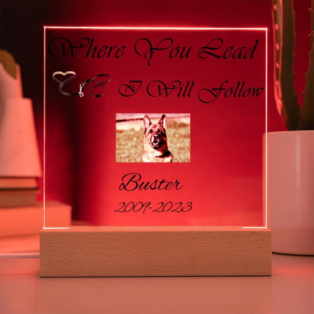 Dog Memorial Plaque, Customized With Photo And Date, Black Leash, LED Upgrade Available