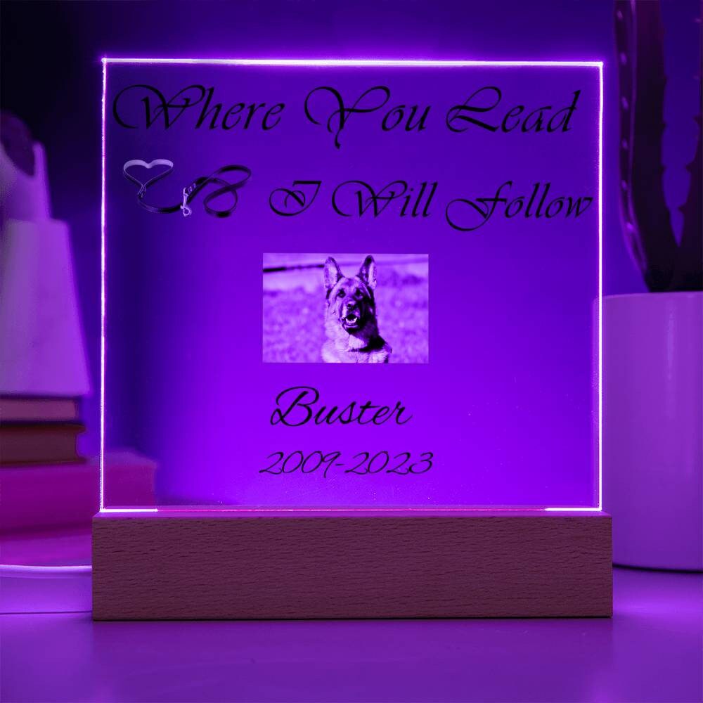 Dog Memorial Plaque, Customized With Photo And Date, Black Leash, LED Upgrade Available