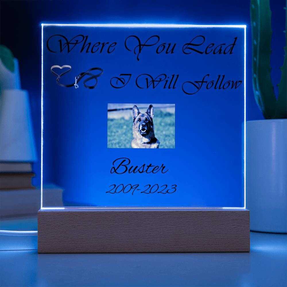 Dog Memorial Plaque, Customized With Photo And Date, Black Leash, LED Upgrade Available